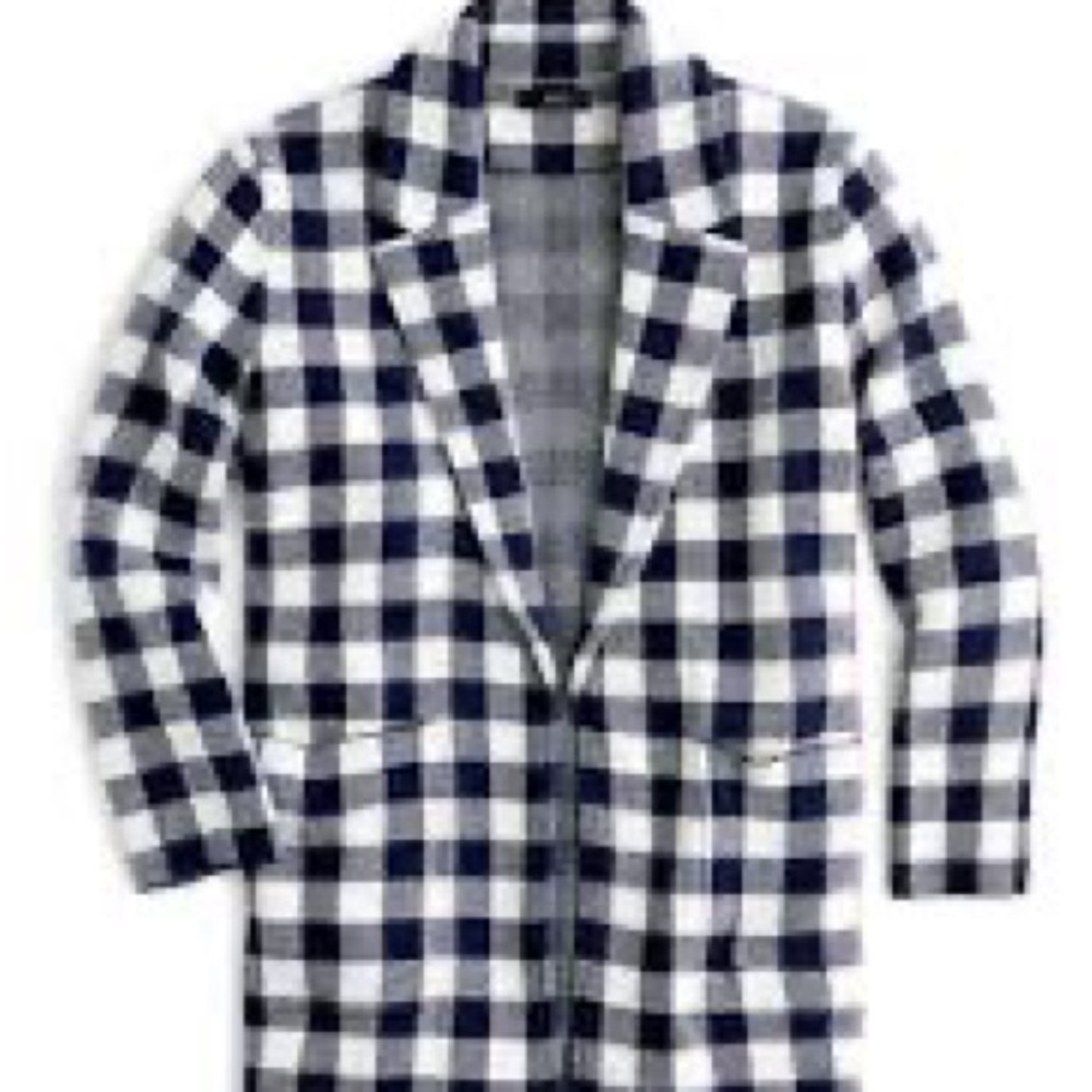 J. Crew Sophie Navy Blue and White Gingham Open Front Sweater Blazer size M